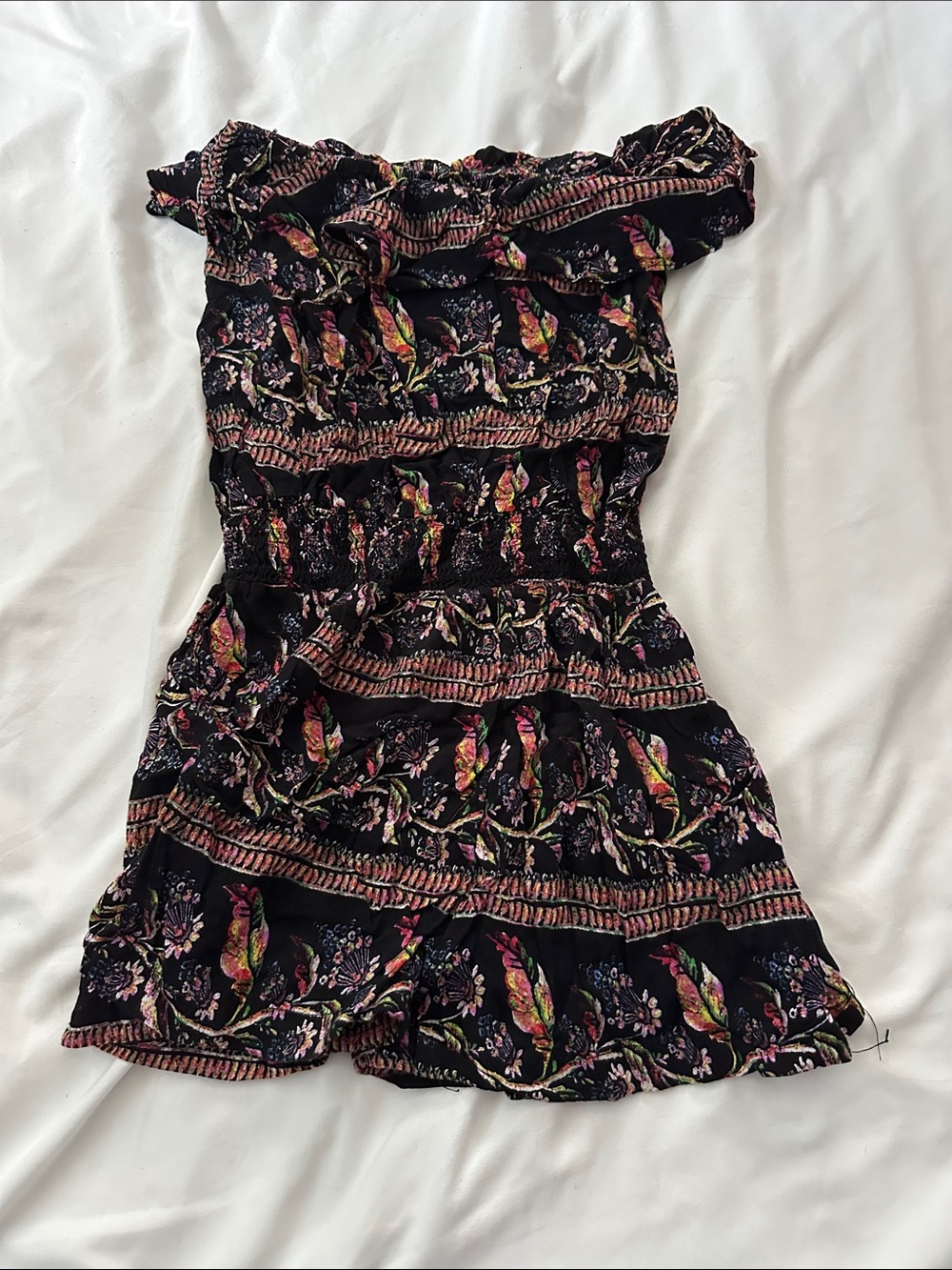 Off-Shoulder Floral Ruffled Romper in Black with Pink & Green Accents